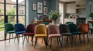 A range of jewel-toned velvet dining chairs showcasing emerald green and mustard yellow upholstery