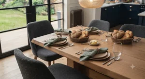Scandinavian-inspired solid oak dining table paired with upholstered chairs in a neutral-toned dining space.