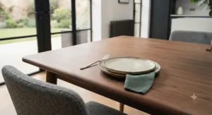 Six-seater solid walnut dining table dressed for a family dinner party in a contemporary home.