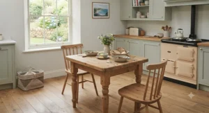 Compact rustic pine dining table ideal for a small British kitchen-diner or flat.
