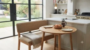 Compact 2-seater dining bench with a supportive backrest tucked neatly under an apartment dining table.