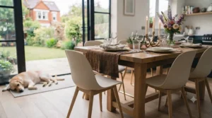 Space-saving wooden dining chairs designed for compact kitchens and small UK dining areas.