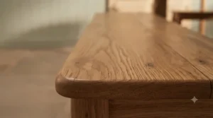 Close-up detail of natural oiled finish and rich grain patterns on a solid European oak bench.