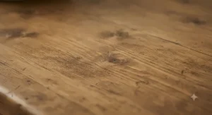 Close-up detail of the natural wood grain and knots on a solid pine dining table surface.
