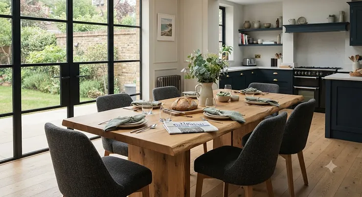 A premium solid oak dining table styled in a modern British dining room, showcasing natural wood grain. solid oak dining table