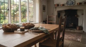 A rustic solid oak dining table featuring space-saving matching wooden benches underneath.
