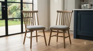Close-up of solid oak kitchen dining chairs showing natural grain and durable craftsmanship.