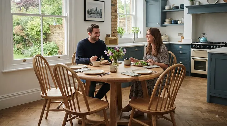 A pair of traditional solid oak Windsor dining chairs gathered around a rustic wooden table in a British country kitchen. windsor dining chairs