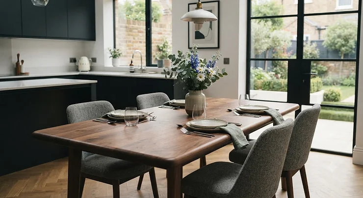 Solid walnut dining table styled as a modern centrepiece in a bright British dining room, showcasing natural wood grain. solid walnut dining table