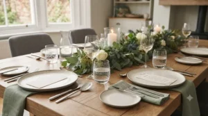 A compact rectangular dining table for 10 people fitted efficiently into a contemporary London townhouse dining room.