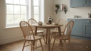 Compact kitchen diner featuring lightweight wooden Windsor dining chairs arranged neatly around a round oak table.