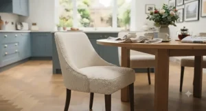 Contemporary upholstered dining chairs featuring durable black metal legs and supportive cushioned seating.