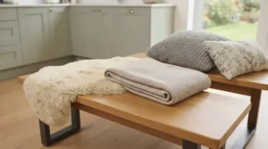 Budget dining bench accessorised with cosy neutral cushions and a faux-fur throw in a modern British dining area.