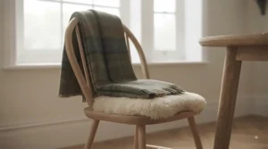 A natural beechwood Windsor dining chair styled with a cosy British wool throw and sheepskin seat pad.