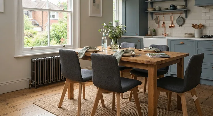 A modern dining room setup featuring affordable dining chairs under £100 arranged around a wooden table. dining chairs under £100