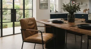 Distressed tan leather carver chairs with metal frames set against an industrial dining table.