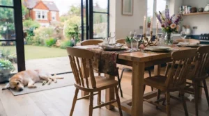 Classic country-style solid oak dining chairs complementing a traditional British cottage interior.