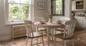 Painted white farmhouse dining chairs bringing a rustic cottage feel to a kitchen diner.