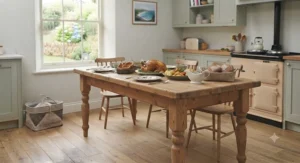 Traditional farmhouse rustic pine dining table featuring turned wooden legs.