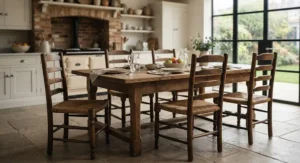 Traditional ladder-back wooden dining chairs set up for a family meal in a classic British kitchen.