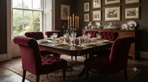Classic roll-top velvet dining chairs with deep button tufting styled in a period townhouse