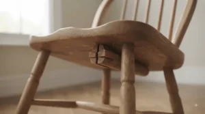 Detail shot highlighting authentic wedged through-tenon leg joinery on the underside of a wooden Windsor chair seat.
