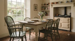 Classic painted wooden carver chairs with spindle backs styled in a traditional British country kitchen.
