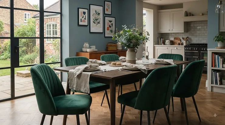 A modern dining room featuring grey velvet dining chairs around a dark oak table velvet dining chairs