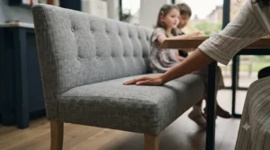 Close-up of a deep-cushioned upholstered dining bench showing supportive foam padding for long dinner parties.