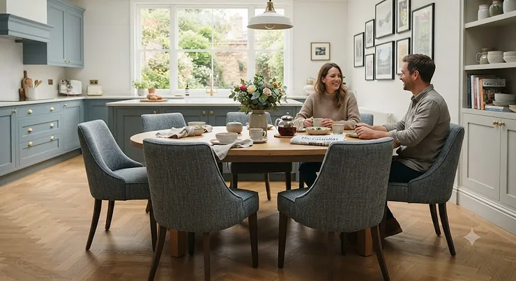 Styled dining room featuring modern upholstered dining chairs surrounding a wooden table, designed for British homes. upholstered dining chairs