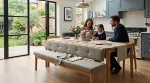 Padded oak dining bench with a supportive backrest and neutral grey fabric upholstery.
