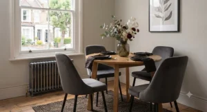 Grey velvet upholstered dining chairs with black iron legs for a contemporary dining room look.