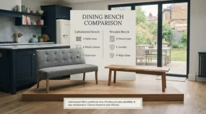 Summary infographic comparing the pros and cons of upholstered dining benches versus wooden dining benches.