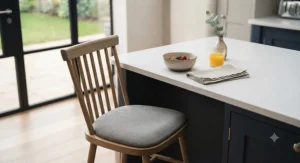 Wooden kitchen chairs featuring neutral upholstered fabric seat pads for added dining comfort.