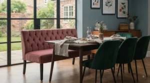 Contemporary dining setup pairing pink velvet dining chairs with a matching upholstered bench
