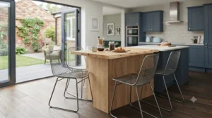 Distressed copper-finish vintage metal chairs adding a rustic touch to a country cottage kitchen setup.