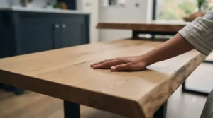 Solid wood dining bench surface showing natural grain, easy to wipe clean after family meals.