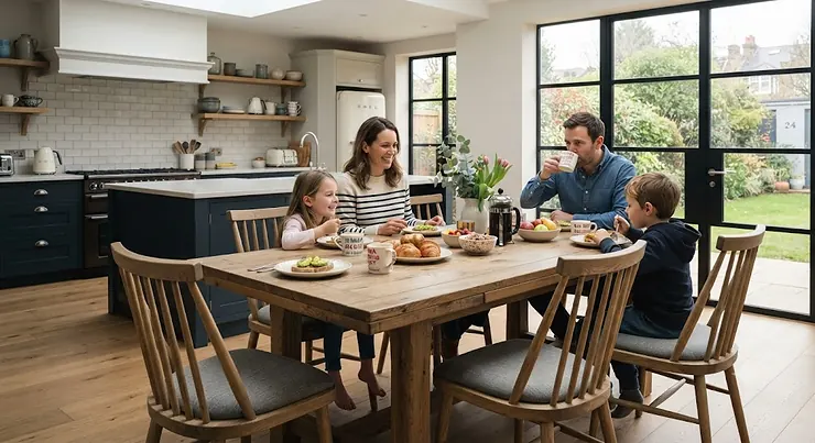 Modern wooden dining chairs arranged around a kitchen table in a contemporary British home interior. wooden dining chairs for kitchen