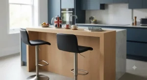 Sleek gas-lift adjustable bar stools tucked neatly under a timber breakfast bar in a contemporary London townhouse kitchen.