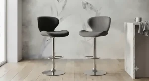 Contemporary gas-lift adjustable height bar stool with a supportive curved back and footrail.