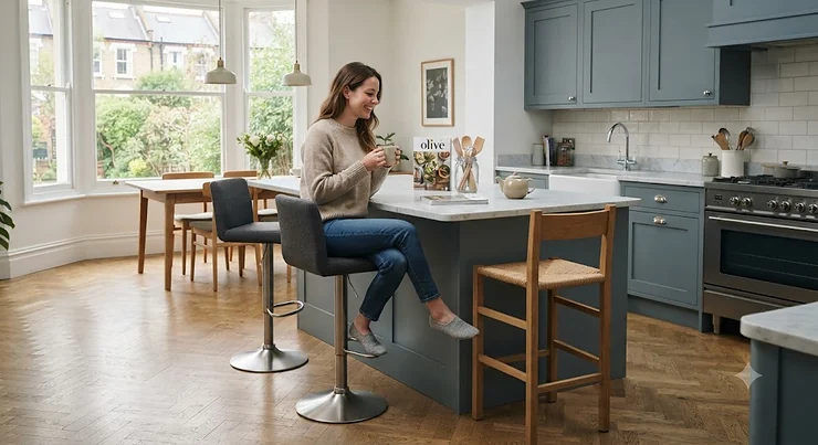 Modern British kitchen featuring a grey adjustable bar stool next to a fixed-height wooden stool at a marble breakfast island, highlighting the choice between adjustable bar stools vs fixed height bar stools. adjustable bar stools vs fixed height bar stools