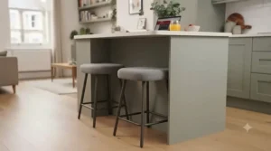 Low-profile backless breakfast bar stools designed to maintain an open, uncluttered look in a small kitchen.