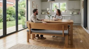 Wooden dining bench with an ergonomic backrest providing comfortable kitchen seating alongside a family dining table