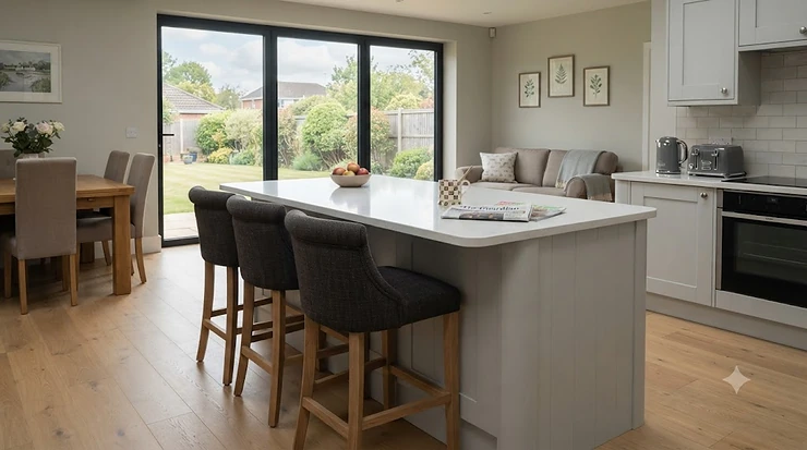 Modern upholstered bar stools with supportive backs styled around a contemporary British kitchen island. bar stools with backs