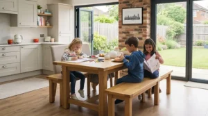 Two siblings sitting comfortably together on a long wooden dining bench for kids.
