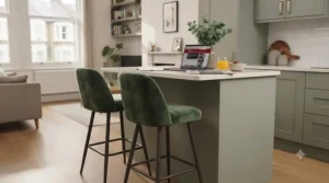 Sage green breakfast bar stools providing a subtle pop of colour in a neutral British shaker kitchen.