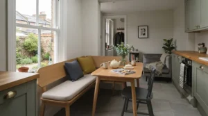 Compact dining bench arrangement suited for an urban apartment or small flat kitchen.