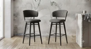 Space-saving small kitchen bar stools with low profile backs tucked neatly under a breakfast counter.