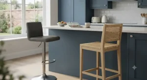 Side-by-side comparison showing an adjustable swivel bar stool next to a traditional fixed-height wooden breakfast bar stool.