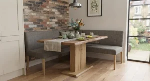 A versatile corner dining bench and chair set combination maximising seating space in a cosy breakfast nook.